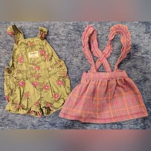 OshKosh B'gosh Green Floral Overalls and Pink Plaid Dress
